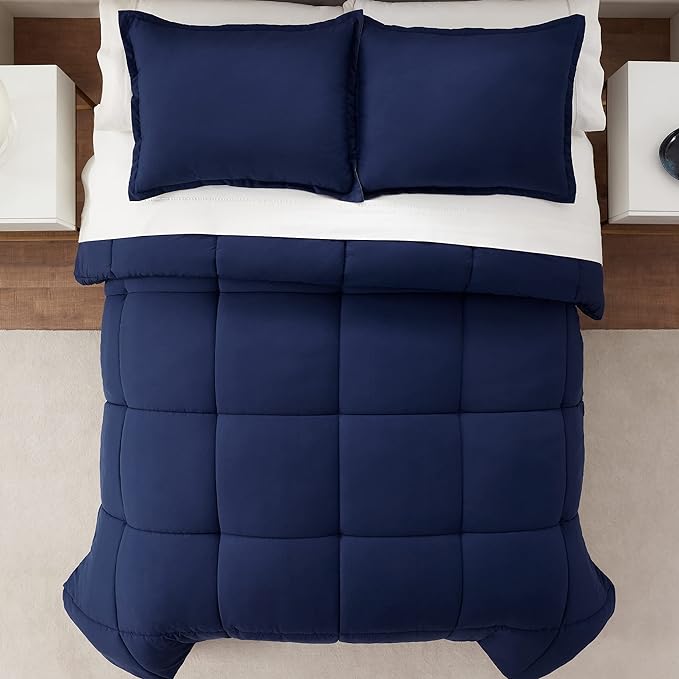 SERTA Simply Clean Ultra Soft Hypoallergenic Solid 3 Piece Comforter Set, King, Navy - LeafyLoom