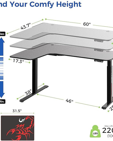 EUREKA ERGONOMIC Standing Desk L Shaped, 60 Inch Gaming Desk Electric Height Adjustable Dual Motor Rising Sit Stand Up Corner Desk for Computer Home Office, Smart Memory Preset Mousepad, Large, Left - LeafyLoom