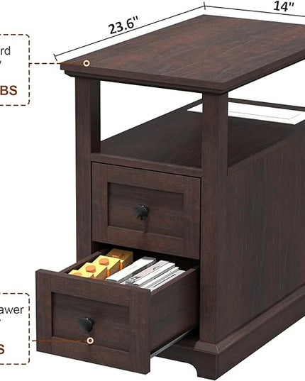 HIFYOBRO End Table with 2 Drawers, Storage Side Table with Flip Top Fast Charging Station, Type-C & USB port & Power outlets, Wooden Storage Cabinet for Living Room and Bedroom - LeafyLoom
