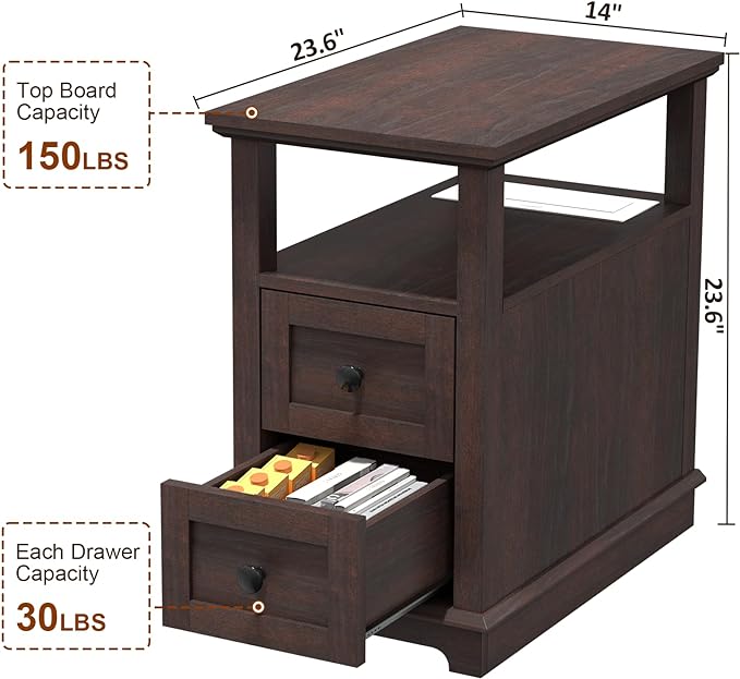 HIFYOBRO End Table with 2 Drawers, Storage Side Table with Flip Top Fast Charging Station, Type-C & USB port & Power outlets, Wooden Storage Cabinet for Living Room and Bedroom - LeafyLoom