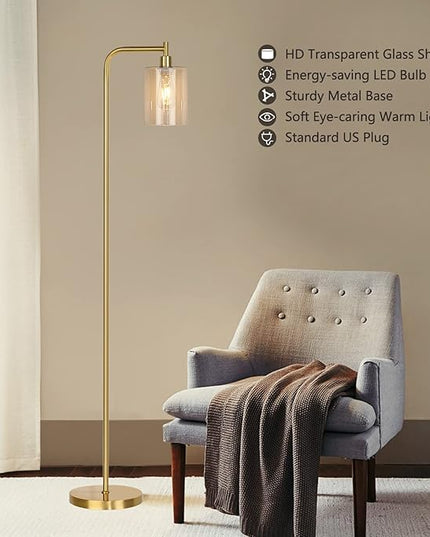 QiMH Industrial Floor Lamp for Living Room, Modern Standing Lamp with HD Glass Lampshade and Pedal Switch, 67” Tall Pole Light for Bedroom Study Room, Brushed Gold (2700K LED Bulb Included) - LeafyLoom