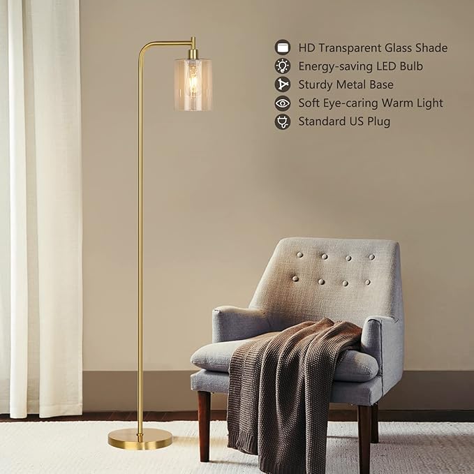 QiMH Industrial Floor Lamp for Living Room, Modern Standing Lamp with HD Glass Lampshade and Pedal Switch, 67” Tall Pole Light for Bedroom Study Room, Brushed Gold (2700K LED Bulb Included) - LeafyLoom
