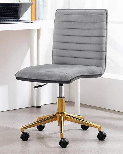 Furniliving Home Office Chair, Armless Vanity Chair with Wheels Swivel Velvet Computer Rolling Desk Chair with Back, Adjustable Accent Chair with Gold Metal Base Stool Chair,Gray - LeafyLoom