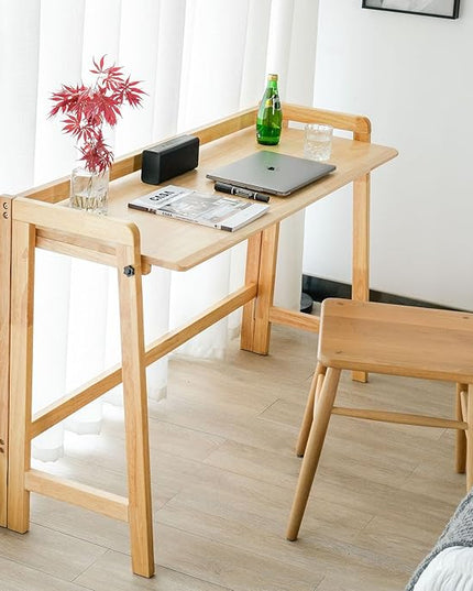 Computer Desk, Foldable Desk, Home Office Desks, Solid Wood Writing Desk, Mid Century Modern Desks, Oak Study Table, Folding Desks for Small Spaces, 39.4 W x 27.6 H x 13.6 D Inches, Natural - LeafyLoom