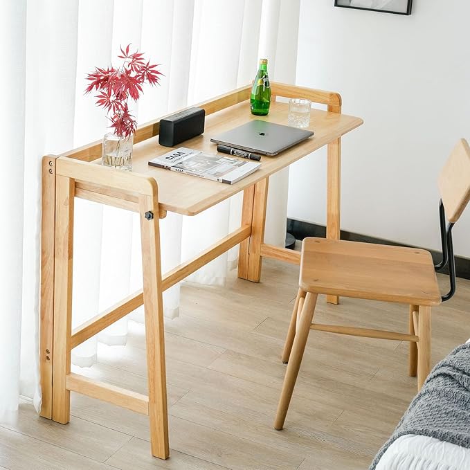 Computer Desk, Foldable Desk, Home Office Desks, Solid Wood Writing Desk, Mid Century Modern Desks, Oak Study Table, Folding Desks for Small Spaces, 47.2 W x 27.6 H x 13.6 D Inches, Natural - LeafyLoom