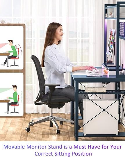 armocity 2024 Upgrade Gaming Desk with Hutch, 48'' Magic Computer Desk with LED Lights and Outlets, Reversible Workstation Desk with Pegboard and Monitor Stand, 48 Gamer Desk PC Table, White and Blue - LeafyLoom