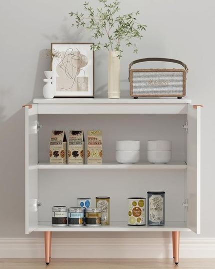White Fluted Buffet Cabinet,Wood Sideboard Buffet Cabinet with Storage & Rose Gold Colored Metal Legs, Accent Cabinet for Living Room,Dining Room,Kitchen, Assemble Easily - LeafyLoom