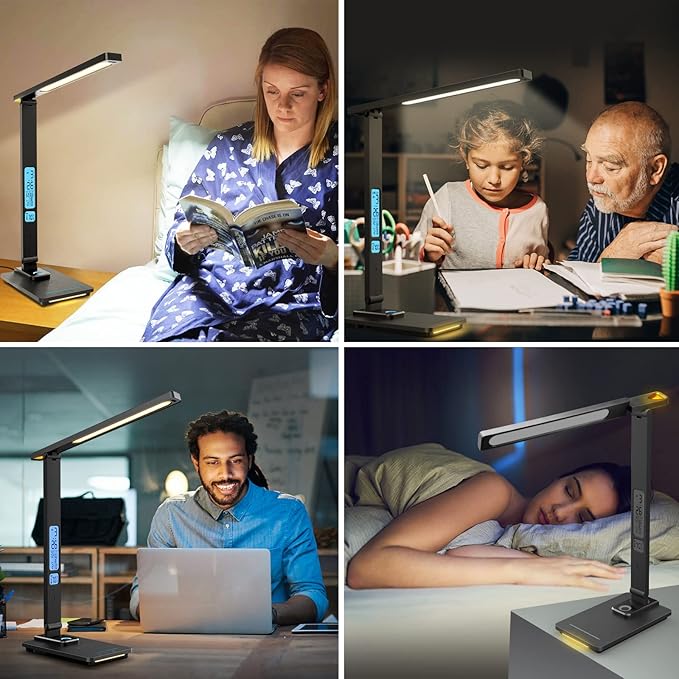 LED Desk Lamp with Wireless Charger, USB Charging Port, Sliding Dimmable Auto Timer Table Lamp with Night Light, Desk Lights with Clock for Study Reading Home Office - LeafyLoom