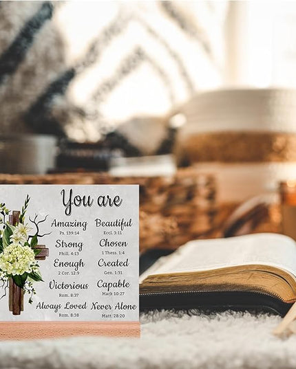 TIKTREE Christian Gifts, Religious Gifts for Women Faith, Catholic Spiritual Gifts with Bible Verse, Christian Home Desk Decor with Wood Stand - LeafyLoom
