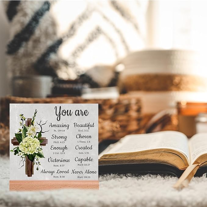 TIKTREE Christian Gifts, Religious Gifts for Women Faith, Catholic Spiritual Gifts with Bible Verse, Christian Home Desk Decor with Wood Stand - LeafyLoom