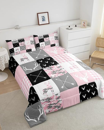 Pink Camo Antlers Kids Comforter Set Full Size,Geometric Checkered Boho Arrows Patchwork Bedding Set,Wild Animals Hunting Rustic Farmhouse Down Comforter,Boys Girls Xmas Bedroom Decor,2 Pillowcases - LeafyLoom