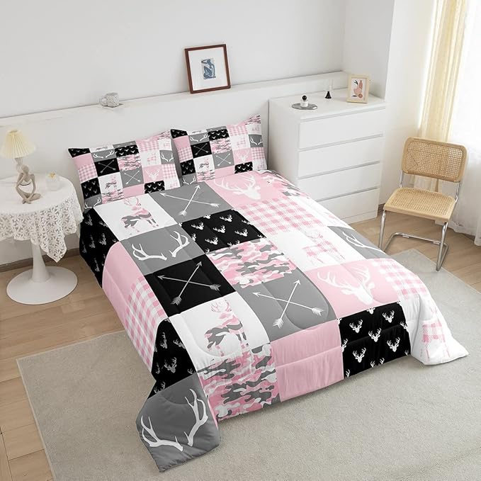 Pink Camo Antlers Kids Comforter Set Full Size,Geometric Checkered Boho Arrows Patchwork Bedding Set,Wild Animals Hunting Rustic Farmhouse Down Comforter,Boys Girls Xmas Bedroom Decor,2 Pillowcases - LeafyLoom