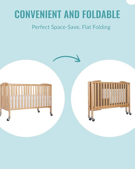 Folding Full Size Convenience Crib In Natural, Two Adjustable Mattress Height Positions, Comes With Heavy Duty Locking Wheels, Flat Folding - LeafyLoom