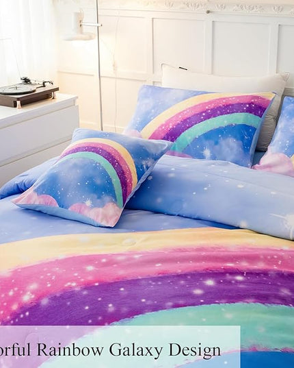 Blue Girls Bedding Set Twin, 6Pcs Colorful Rainbow Kids Comforter Set for Girls, 3D Gradient Glitter Bed in A Bag with Comforter, Sheets and Pillowcases for Teens - LeafyLoom
