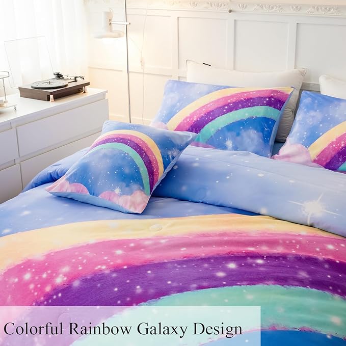Blue Girls Bedding Set Twin, 6Pcs Colorful Rainbow Kids Comforter Set for Girls, 3D Gradient Glitter Bed in A Bag with Comforter, Sheets and Pillowcases for Teens - LeafyLoom