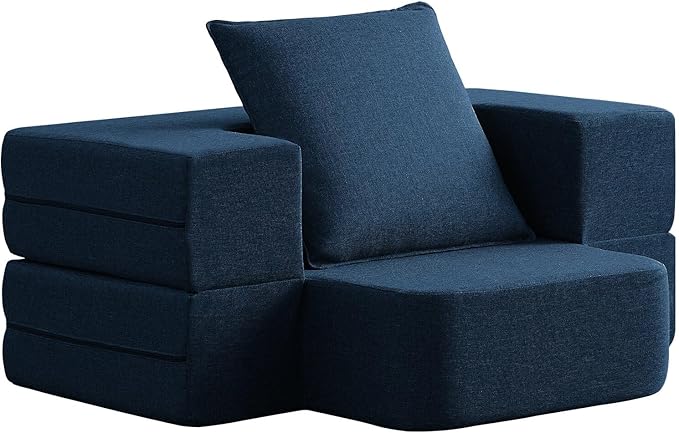 Convertible Folding Sofa - Modern Linen Fabric Coffee Table, Foldable Floor & Futon Couch, with Pillow for Living Room/Dorm/Guest Room/Home Office/Apartment,Single (2 in 1),Navy Blue - LeafyLoom