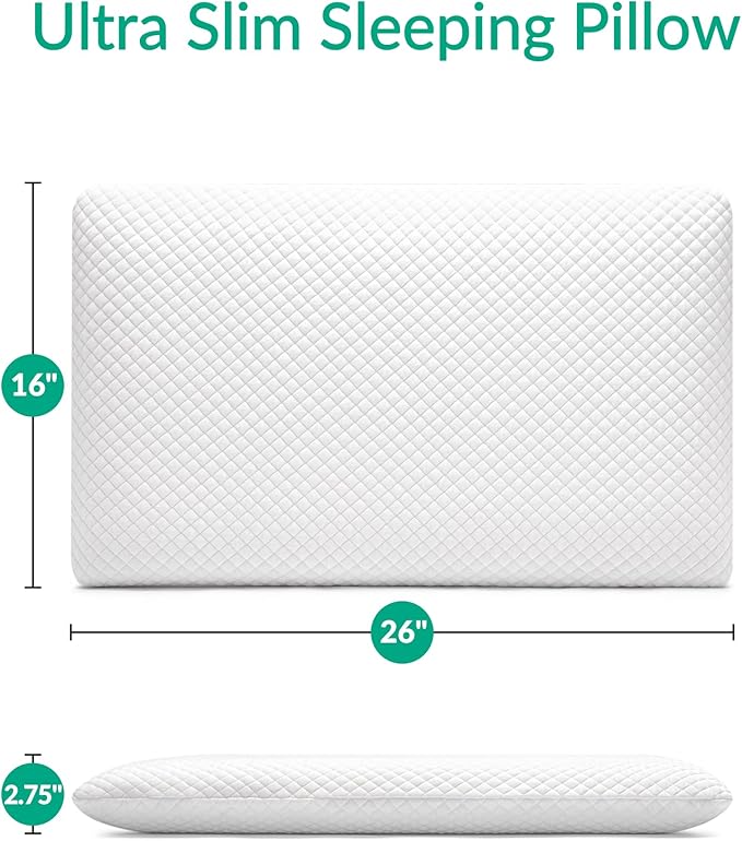 AM AEROMAX 2.75 Inches Queen Size Hyper Slim Memory Foam Pillow for Stomach and Back Sleepers - Thin, Flat Design for Cervical Neck Alignment and Deeper Sleep. - LeafyLoom