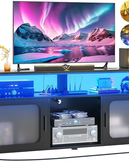 Aheaplus TV Stand for 55 60 Inch TV, Entertainment Center with LED Light & Charging Station, TV Console Table, Large Media Console Cabinet w/Soundbar Shelf, Cord Holes, for Living Room, Bedroom, Black - LeafyLoom