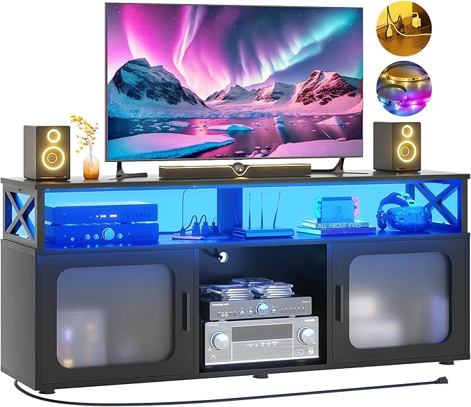 Aheaplus TV Stand for 55 60 Inch TV, Entertainment Center with LED Light & Charging Station, TV Console Table, Large Media Console Cabinet w/Soundbar Shelf, Cord Holes, for Living Room, Bedroom, Black - LeafyLoom