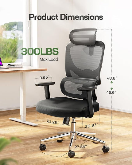 Marsail Ergonomic Office Chair Desk Chair High Back Mesh Office Chair with Adjustable Lumbar Support and Adjustable 2D Headrest, Ergonomic Gaming Chair for Home Office, Bright Black - LeafyLoom