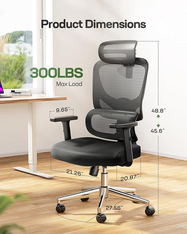 Marsail Ergonomic Office Chair Desk Chair High Back Mesh Office Chair with Adjustable Lumbar Support and Adjustable 2D Headrest, Ergonomic Gaming Chair for Home Office, Bright Black - LeafyLoom