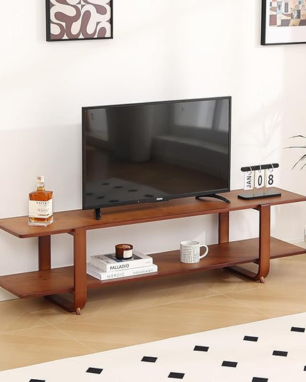 Tiita TV Stand with Storage for TVs up to 65'', Bamboo TV Console Entertainment Center with 2 Open Shelf, Mid Century Modern Media Console for Living Room, Bedroom, Walnut - LeafyLoom