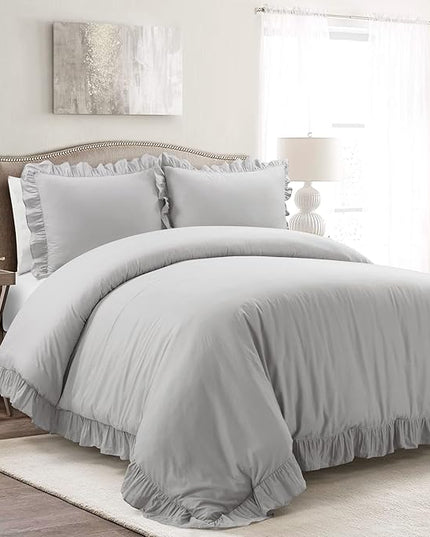 Lush Decor Reyna Ruffle 100% Cotton Duvet Cover Set - 3 Piece Cozy Ruffled Bedding Set - Timeless Elegance and Comfort - King, Light Gray - LeafyLoom