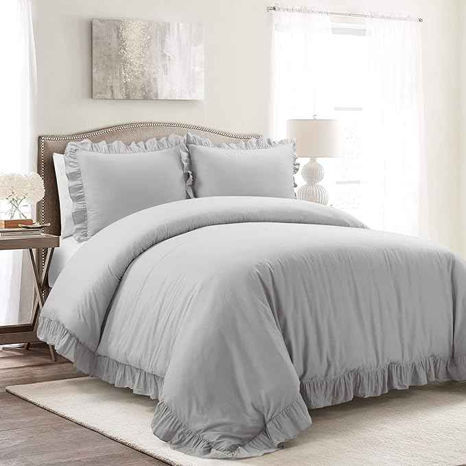 Lush Decor Reyna Ruffle 100% Cotton Duvet Cover Set - 3 Piece Cozy Ruffled Bedding Set - Timeless Elegance and Comfort - King, Light Gray - LeafyLoom