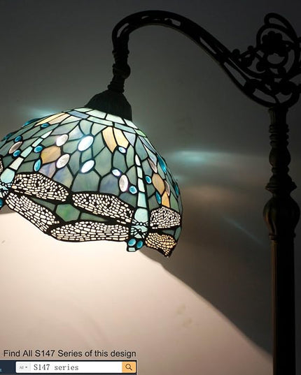 WERFACTORY Tiffany Floor Lamp Sea Blue Stained Glass Dragonfly Arched Lamp 12X18X64 Inches Gooseneck Adjustable Corner Standing Reading Light Decor Bedroom Living Room S147 Series - LeafyLoom