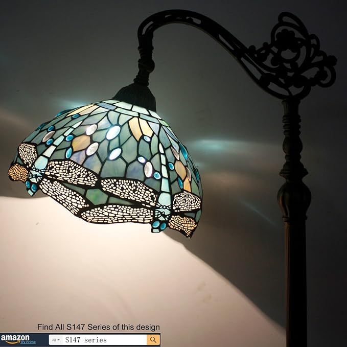 WERFACTORY Tiffany Floor Lamp Sea Blue Stained Glass Dragonfly Arched Lamp 12X18X64 Inches Gooseneck Adjustable Corner Standing Reading Light Decor Bedroom Living Room S147 Series - LeafyLoom