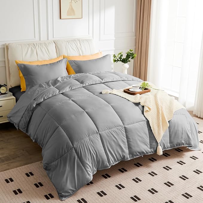 California King Size Comforter Set - 3 Pieces, 1 Reversible Comforter and 2 Pillowcases,Soft Quilted Warm Fluffy Cooling Bedding for All Season,Grey - LeafyLoom