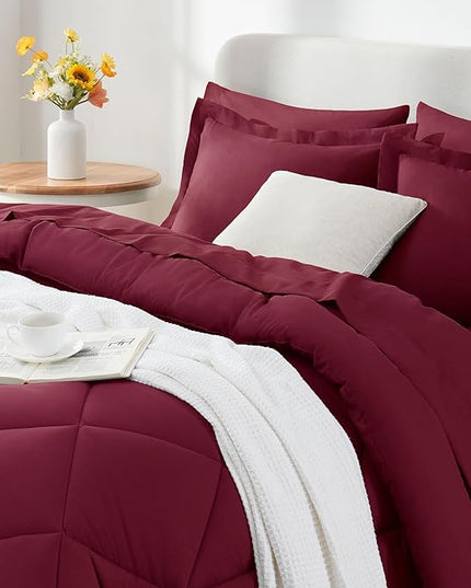 CozyLux Queen Comforter Set with Sheets 7 Pieces Bed in a Bag Burgundy All Season Bedding Sets with Comforter, Pillow Shams, Flat Sheet, Fitted Sheet and Pillowcases, Red, Queen - LeafyLoom