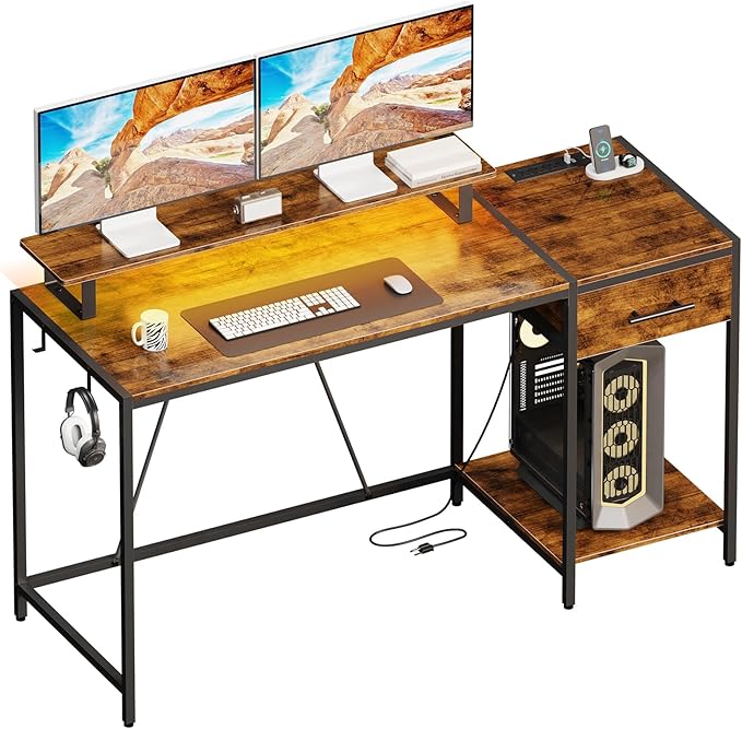 Computer Desk with Drawer and Power Outlets,55" Office Desk with Monitor Stand and Led Lights, Work Desk for Home Office,Sturdy Writing Desk with Shelves and 2 Headphone Hooks,Rustic Brown - LeafyLoom
