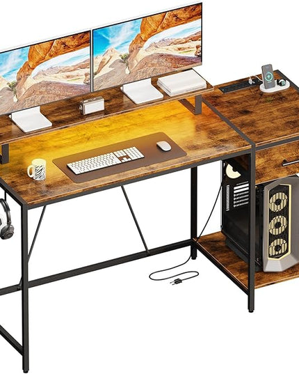 Computer Desk with Drawer and Power Outlets,55" Office Desk with Monitor Stand and Led Lights, Work Desk for Home Office,Sturdy Writing Desk with Shelves and 2 Headphone Hooks,Rustic Brown - LeafyLoom