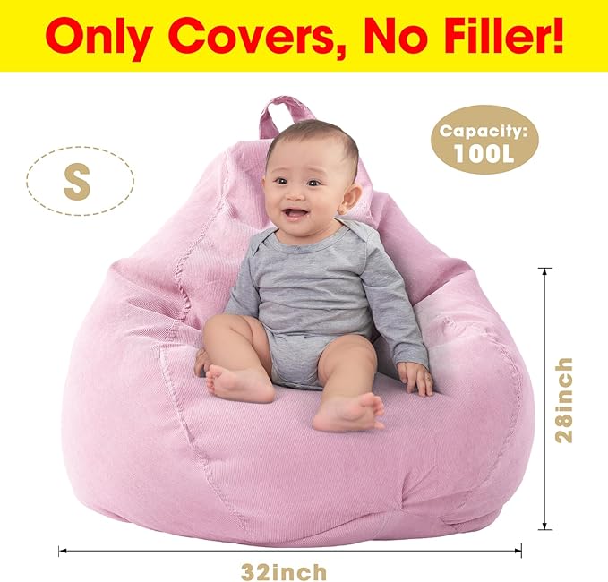 2 Pcs Bean Bag Cover Stuffed Animal Storage Bean Bag Chair Cover Soft Corduroy Stuffed Animal Bean Bag Storage for Kids Adults Indoor Bedroom Organizing Plush Toys(Pink, 100L) - LeafyLoom