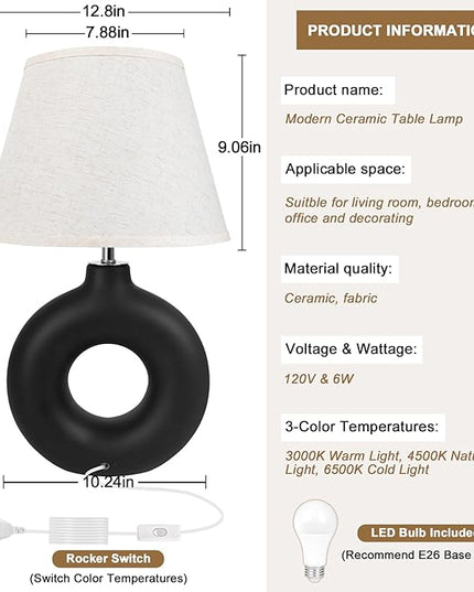 Black Ceramic Table Lamp for Living Room Bedroom, 21" Modern Bedside Lamps with 3 Color Temperature Farmhouse Rustic Table Lamps for Night Stands, Dorm, Office, Home Décor (Bulb Included) - LeafyLoom