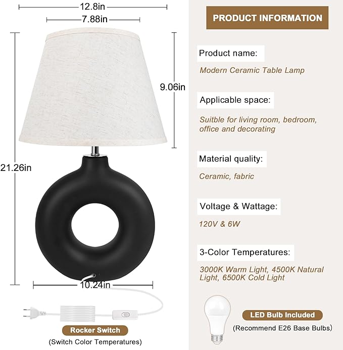 Black Ceramic Table Lamp for Living Room Bedroom, 21" Modern Bedside Lamps with 3 Color Temperature Farmhouse Rustic Table Lamps for Night Stands, Dorm, Office, Home Décor (Bulb Included) - LeafyLoom