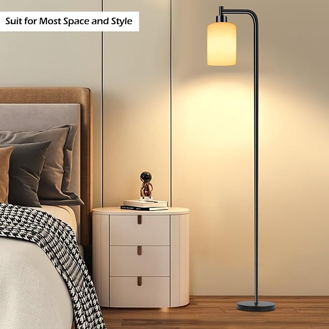 QiMH Floor Lamps for Living Room, Modern LED Standing Reading Light for Bedroom with Glass Shade, Tall Industrial 3 Colors Dimmable Pole Lamp with Foot Control for Home Office Corner Decor (Black) - LeafyLoom