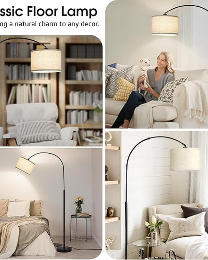 Dimmable Floor Lamp, Arc Floor Lamp with Dimmer, Black Standing Lamp with Adjustable Hanging Shade, Over Couch Tall Reading Light, Modern Pole Lamp for Living Room Bedroom, 9W LED Bulb Included - LeafyLoom