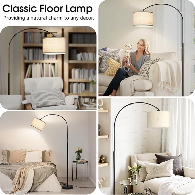 Dimmable Floor Lamp, Arc Floor Lamp with Dimmer, Black Standing Lamp with Adjustable Hanging Shade, Over Couch Tall Reading Light, Modern Pole Lamp for Living Room Bedroom, 9W LED Bulb Included - LeafyLoom