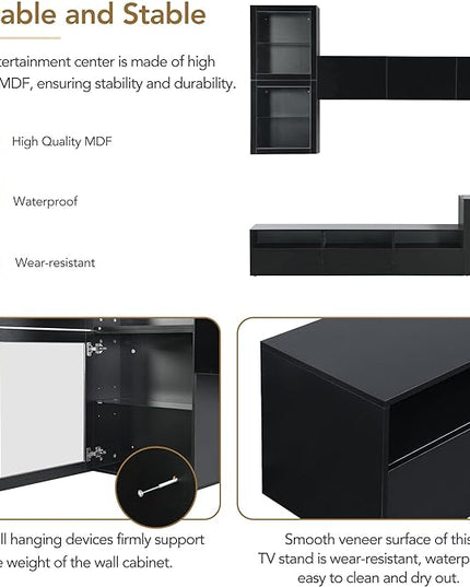 Merax High Gloss TV Stand with Wall Mounted Floating Storage Cabinets, Media Console for Television Up to 75" Versatile Entertainment Center, for Living Room, 93 inch Length, Black - LeafyLoom