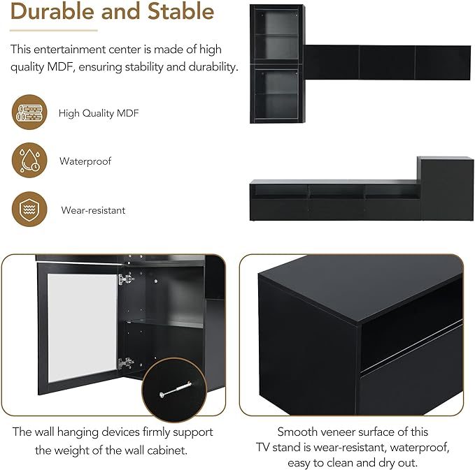 Merax High Gloss TV Stand with Wall Mounted Floating Storage Cabinets, Media Console for Television Up to 75" Versatile Entertainment Center, for Living Room, 93 inch Length, Black - LeafyLoom
