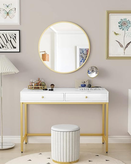 White-Vanity-Desk with 2 Drawers, White/Gold Home-Office-Desks Glossy Desktop Makeup-Vanity-Table Modern Writing Computer Standing Desk with Wood Top and Metal Frame for Home Office Bedroom Furniture - LeafyLoom