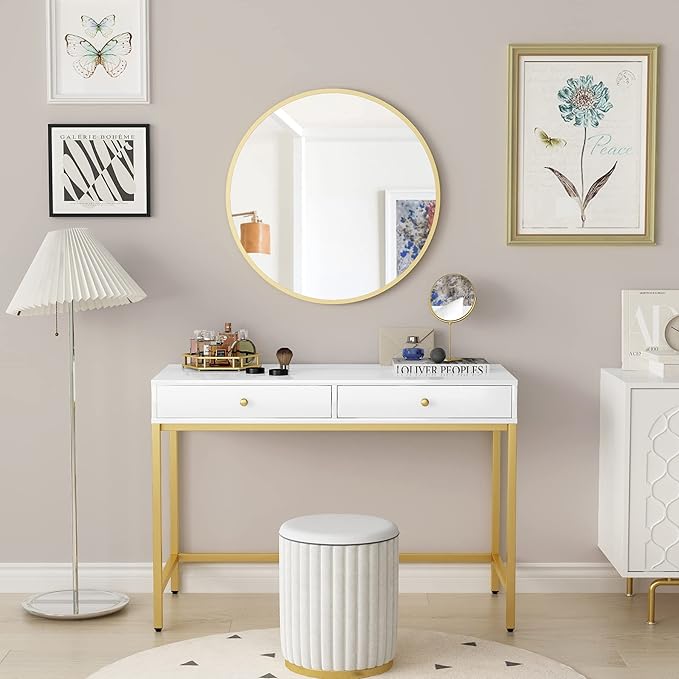 White-Vanity-Desk with 2 Drawers, White/Gold Home-Office-Desks Glossy Desktop Makeup-Vanity-Table Modern Writing Computer Standing Desk with Wood Top and Metal Frame for Home Office Bedroom Furniture - LeafyLoom