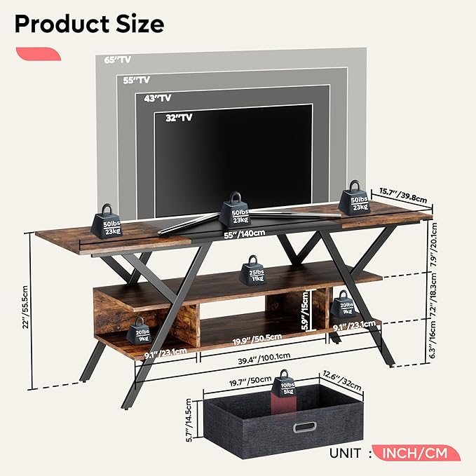 Bestier LED TV Stand for Bedroom TV Entertainment Center 55 inch for TV up to 65 in, Gaming TV Console W/Fabric Drawer Storage for Living Room with LED Lights 20 Modes, Rustic Brown - LeafyLoom