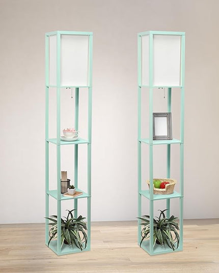 Simple Designs LF1014-AQU-2PK Three Shelf Etagere Organizer Storage Floor Lamp 2 Pack Set with White Linen Shade for Living Room, Bedroom, Office, Hallway, Aqua - LeafyLoom
