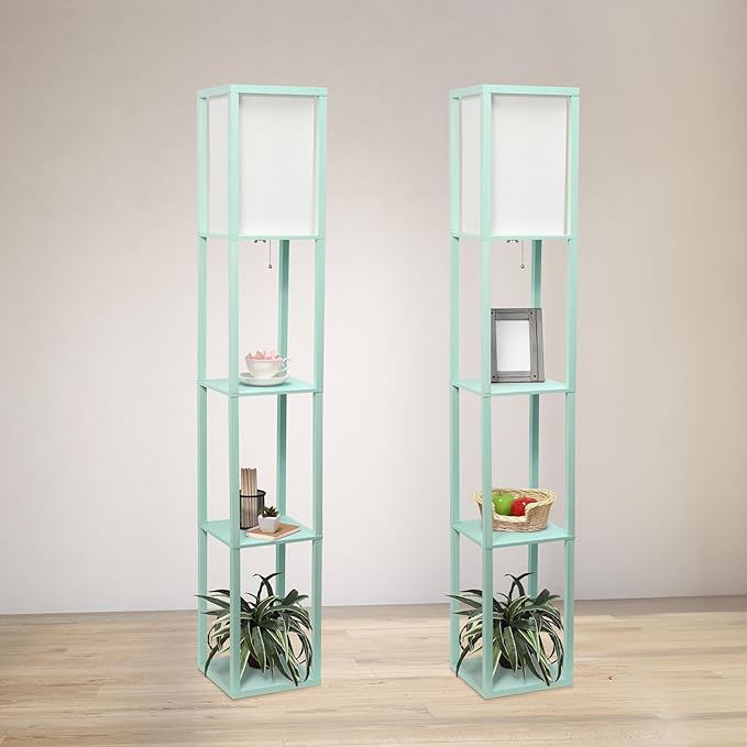 Simple Designs LF1014-AQU-2PK Three Shelf Etagere Organizer Storage Floor Lamp 2 Pack Set with White Linen Shade for Living Room, Bedroom, Office, Hallway, Aqua - LeafyLoom