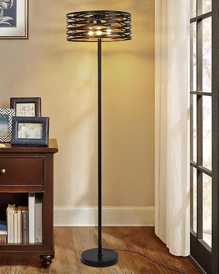 Industrial Floor Lamp for Living Room, Farmhouse Floor Lamps for Living Room Bright Lighting, Vintage Rustic Floor Lamp with Double Shades, Tall Standing Lamp for Bedroom, Office(Black) - LeafyLoom