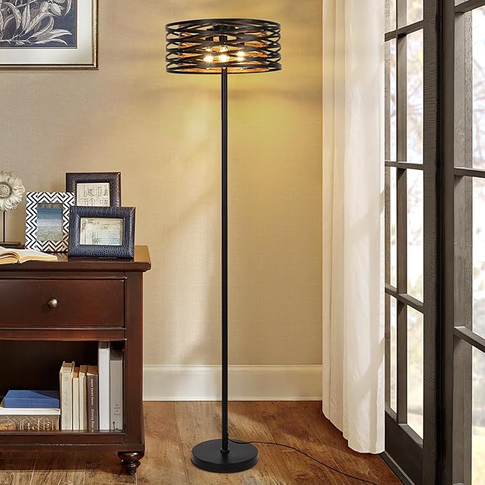 Industrial Floor Lamp for Living Room, Farmhouse Floor Lamps for Living Room Bright Lighting, Vintage Rustic Floor Lamp with Double Shades, Tall Standing Lamp for Bedroom, Office(Black) - LeafyLoom
