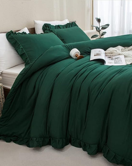 Andency Dark Emerald Green Comforter Set King, 3 Pieces Lightweight Ruffle Bedding Comforter Sets, Farmhouse Ruffle Bed Comforter Set, Lightweight and Soft Bedding Comforter for All Seasons - LeafyLoom